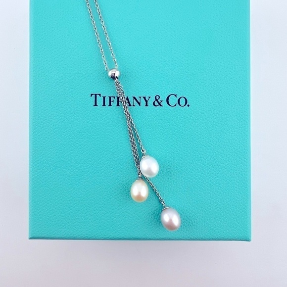 RARE Tiffany & Co. 18k Pastel Pearl Drop Lariat Necklace White Gold - Picture 1 of 9